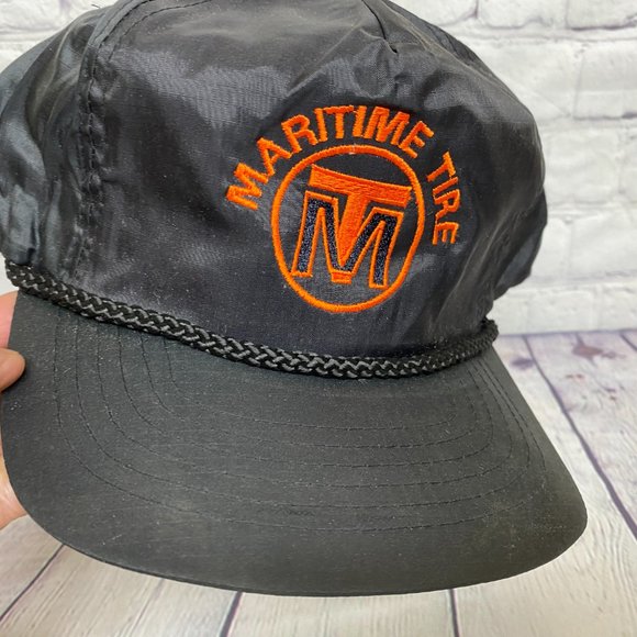 Vintage Trucker Hat Rope Cap Nylon Snapback Black Maritime Tire Embroidered Logo - Picture 6 of 10